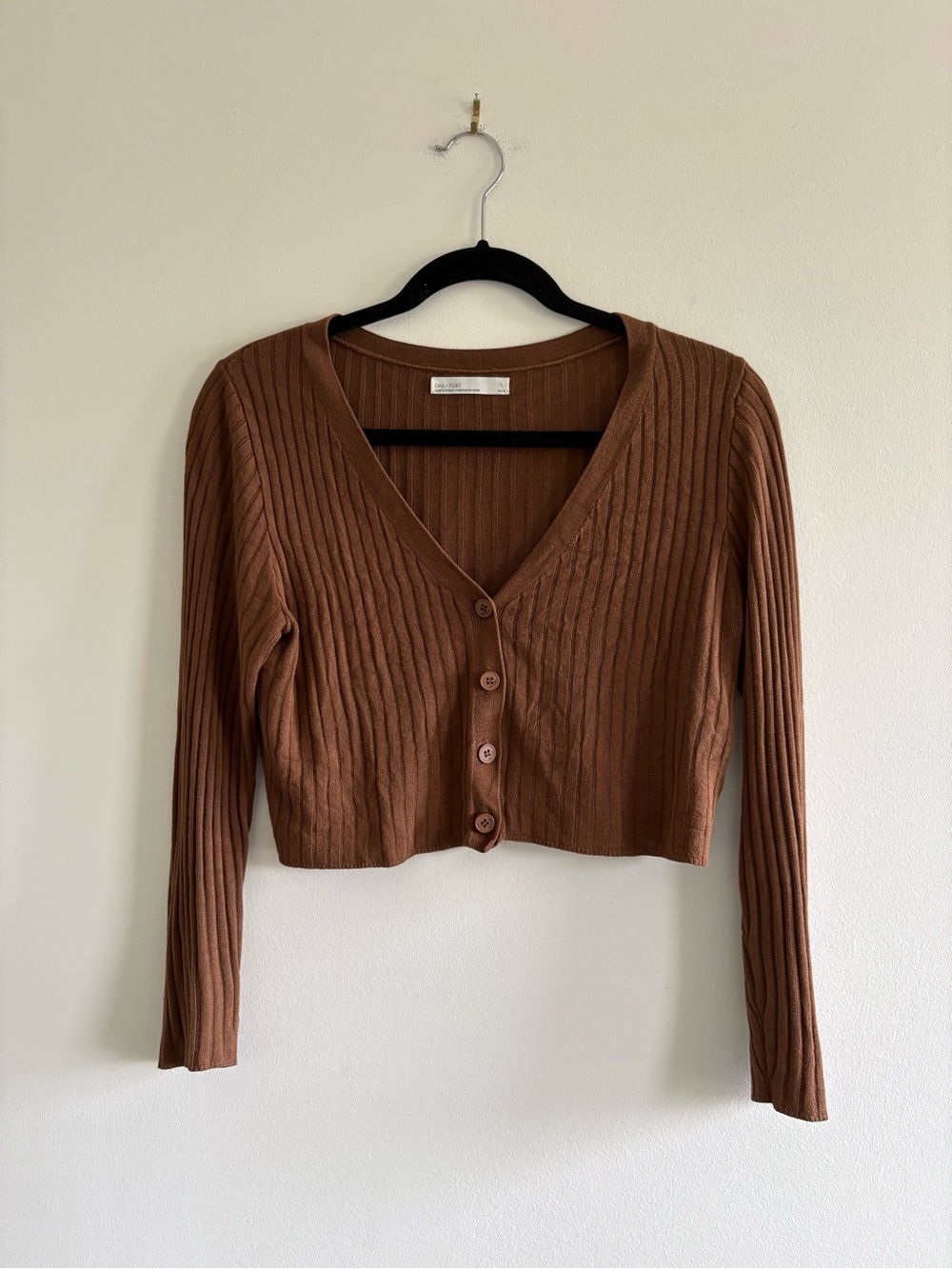 OAK + FORT Ribbed Knit Cropped Cardigan Top in Warm Brown Sz XS